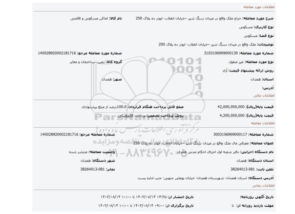 مزایده، ملک واقع در میدان سنگ شیر –خیابان انقلاب- ابوذر ده پلاک 250