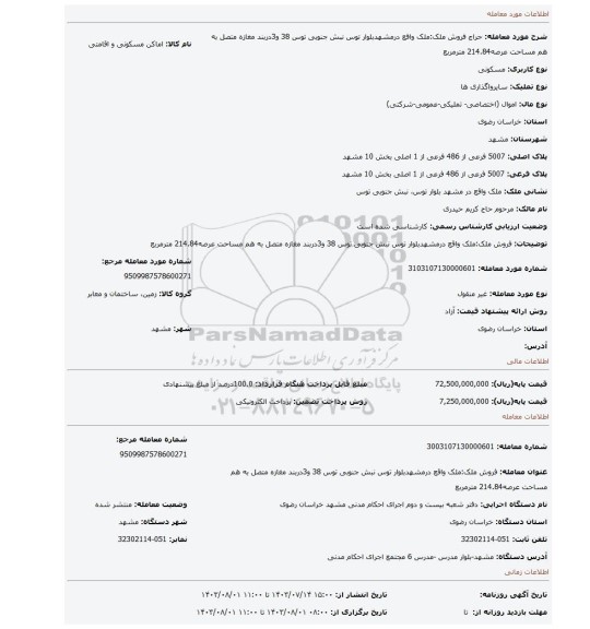 مزایده، فروش ملک:ملک واقع درمشهدبلوار توس نبش جنوبی توس 38 و3دربند مغازه متصل به هم مساحت عرصه214.84 مترمربع