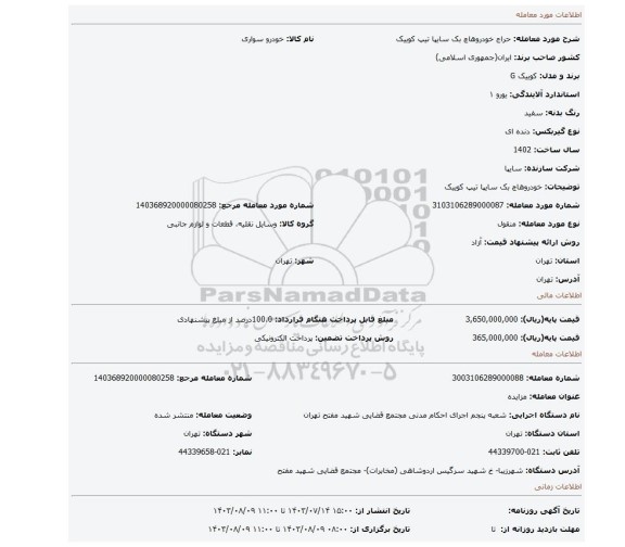 مزایده، خودروهاچ بک سایپا تیپ کوییک