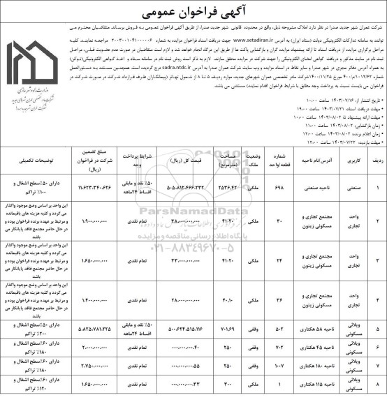 مزایده فروش املاک با کاربری صنعتی ، واحد تجاری ، ویلایی مسکونی