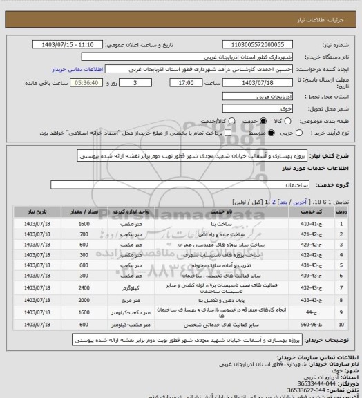 استعلام پروژه بهسازی و آسفالت خیابان شهید محمدی شهر قطور نوبت دوم برابر نقشه ارائه شده پیوستی