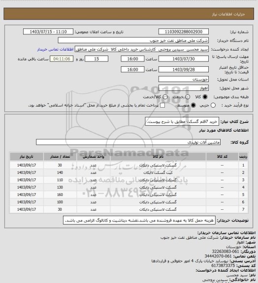 استعلام خرید 7قلم گسکت مطابق با شرح پیوست.