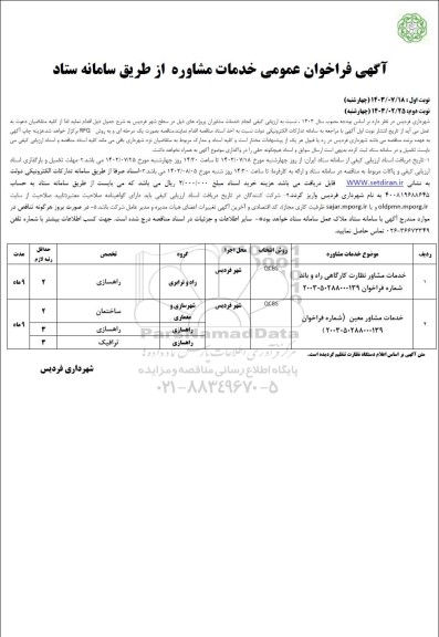 فراخوان عمومی خدمات مشاور نظارت کارگاهی راه و باند و ... 