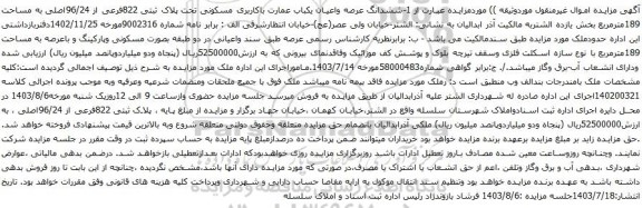 مزایده ششدانگ عرصه واعیان یکباب عمارت باکاربری مسکونی تحت پلاک ثبتی 822فرعی از 96/24اصلی 