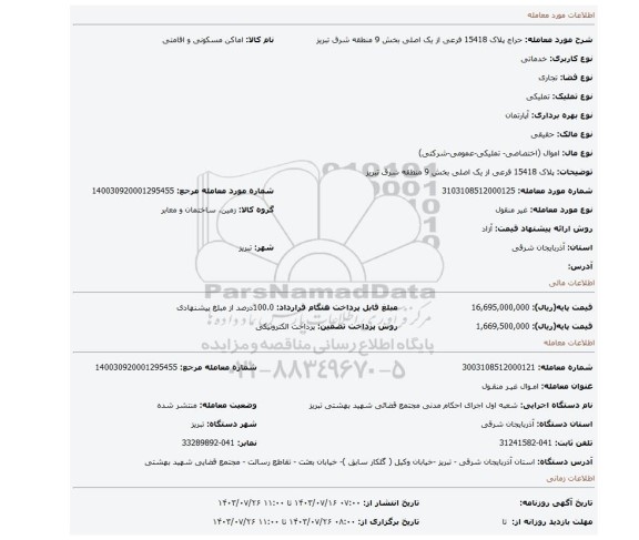 مزایده، پلاک 15418 فرعی از یک اصلی بخش 9 منطقه شرق تبریز