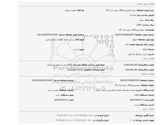 مزایده، خودرو پژو 206 سفید مدل 97