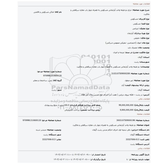 مزایده،  دو طبقه واحد آپارتمانی مسکونی به همراه  چهار باب مغازه سرقفلی و مالکیت