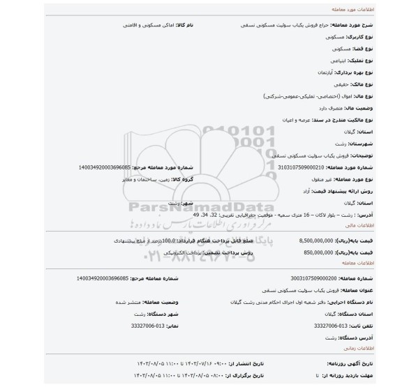 مزایده، فروش یکباب سوئیت مسکونی نسقی