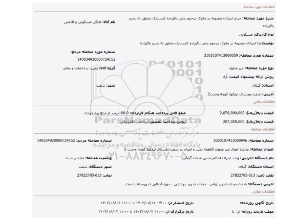 مزایده، اعیانان منصوبه در ماترک مرحوم علی باقرزاده کمساری متعلق به رحیم باقرزاده