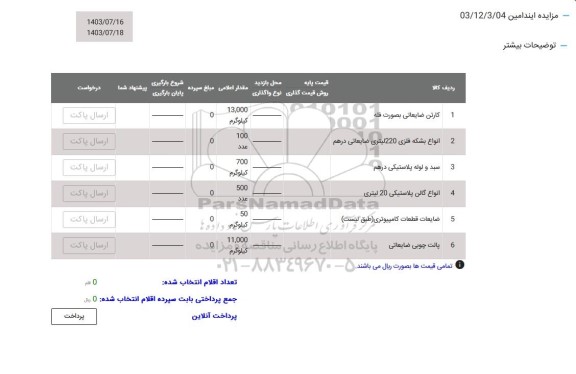 مزایده کارتن ضایعاتی بصورت فله و..