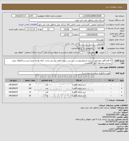 استعلام 4 قلم گلوب ولو طبق شرح و شرایط پیوست- بازرسی سطح 2مورد نیاز می باشد -ارائه نقشه ودیتا شیت و کاتالوگ جهت بررسی پیشنهاد فنی الزامیست