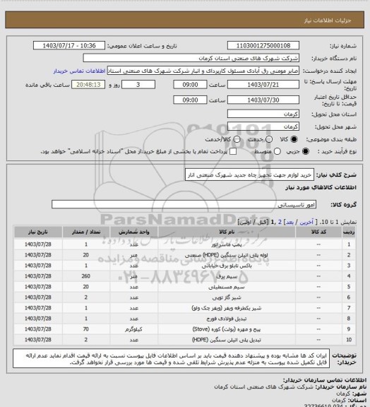 استعلام خرید لوازم  جهت تجهیز چاه جدید شهرک صنعتی انار