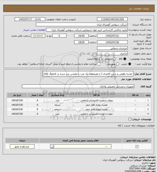 استعلام نقشه رقومی و شیت کاغذی ( از هرمنطقه یک عدد با مقیاس درج شده در کاتالوگ کالا)