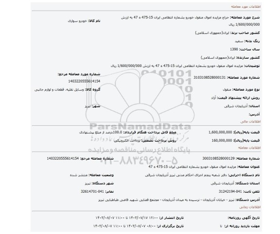 مزایده، مزایده اموال منقول خودرو بشماره انتظامی ایران 15-475 ه 47 به ارزش 1/600/000/000 ریال