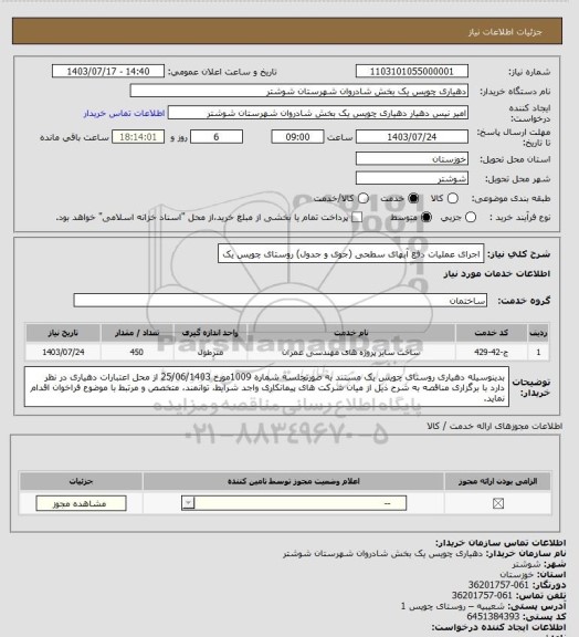 استعلام اجرای عملیات دفع آبهای سطحی (جوی و جدول) روستای چویس یک