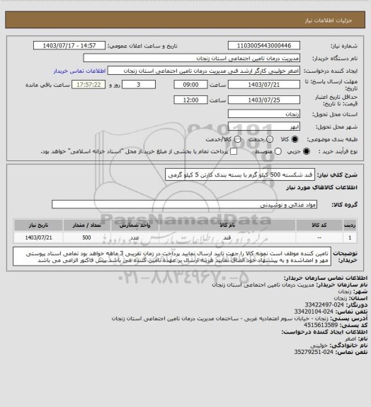 استعلام قند شکسته   500 کیلو گرم با بسته بندی کارتن 5 کیلو گرمی