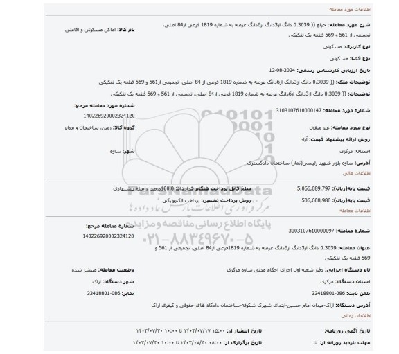 مزایده، (( 0.3039 دانگ از3دانگ از6دانگ عرصه به شماره 1819 فرعی از84 اصلی، تجمیعی از 561 و 569 قطعه یک تفکیکی