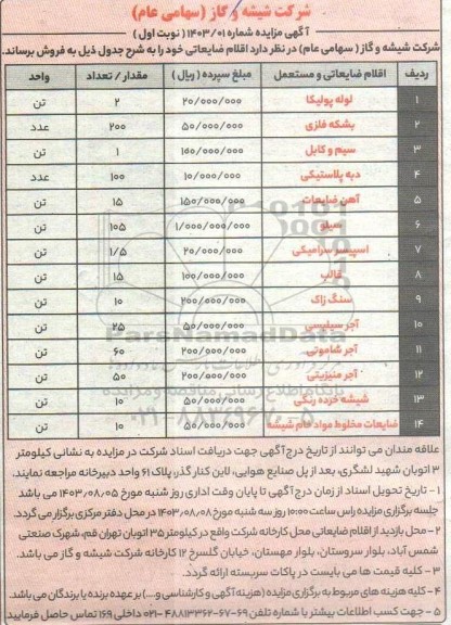 مزایده اقلام ضایعاتی...