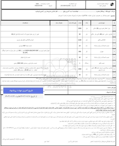 استعلام تعیین پیمانکار در خصوص اجرای عملیات FTTH بلوک مخابرات (شهرک مخابرات) فاز 1 