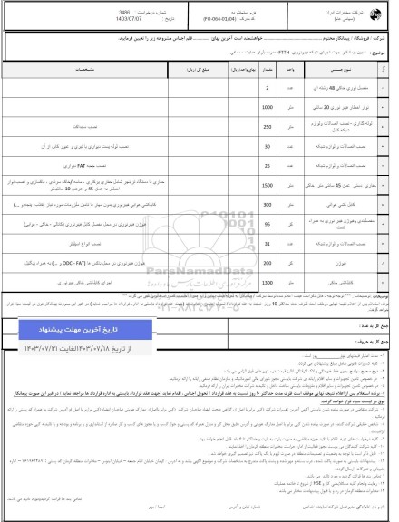 استعلام تعیین پیمانکار جهت اجرای شبکه فیبر نوری FTTH محدوده بلوار هدایت - معافی