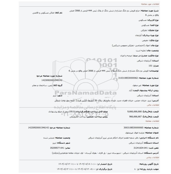 مزایده، فروش دو دانگ مشاع از شش دانگ از پلاک ثبتی 444 فرعی از 3066 اصلی واقع در بخش 6