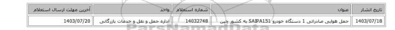 حمل هوایی صادراتی 1 دستگاه خودرو SAIPA151 به کشور چین