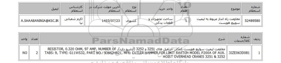 استعلام مقاومت راه انداز مربوط به لیمیت سوییچ هویست