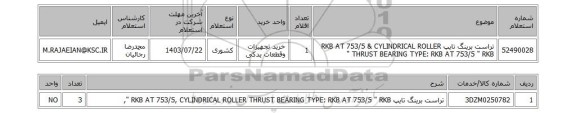 استعلام تراست برینگ تایپ RKB AT 753/5 & CYLINDRICAL ROLLER THRUST BEARING TYPE: RKB AT 753/5 