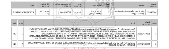 استعلام انواع شیرها واکچویتورهای ابزاردقیقی وقطعات مربوطه