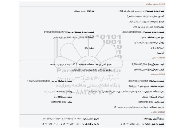 مزایده، خودرو هاچ بک پژو 206