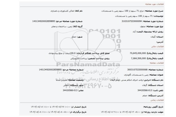 مزایده، 71 سهم از 100 سهم زمین با مستحدثات