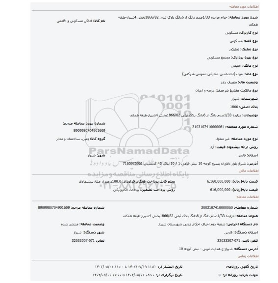 مزایده، مزایده 1/33صدم  دانگ از 6دانگ پلاک ثبتی 1866/82بخش 4شیراز-طبقه همکف