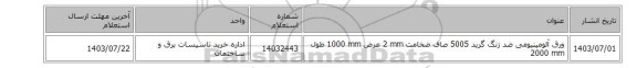 ورق ‎آلومینیومی‏ ‎ضد زنگ‏ گرید ‎5005‏ ‎صاف‏ ضخامت ‎2 mm‏ عرض ‎1000 mm‏ طول ‎2000 mm‏