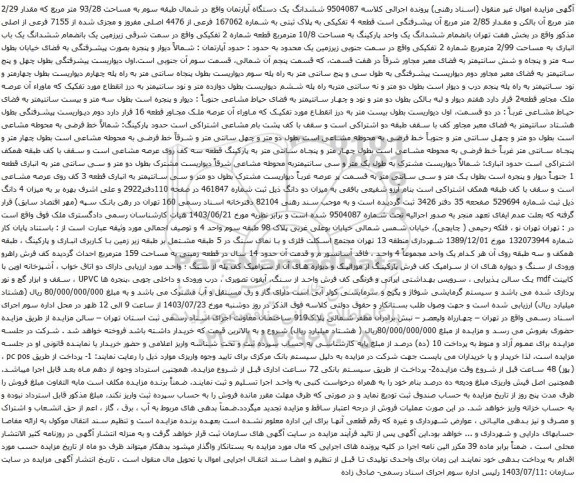 مزایده ششدانگ یک دستگاه آپارتمان واقع در شمال طبقه سوم به مساحت 93/28 متر مربع که مقدار 2/29 متر مربع 