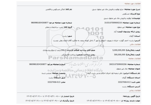 مزایده، توقیف و فروش مال غیر منقول نسق