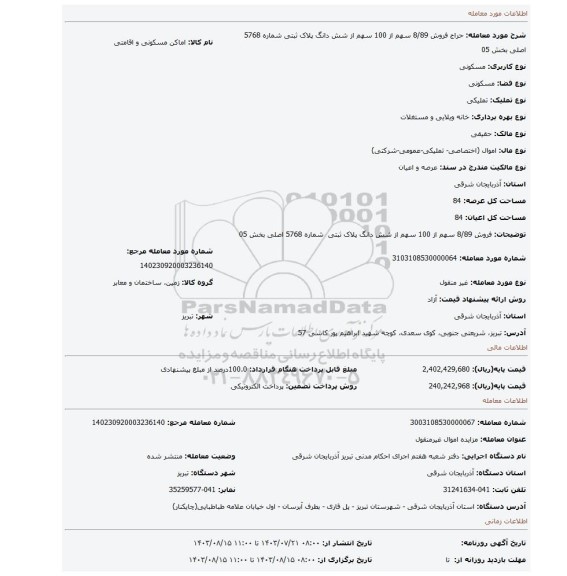 مزایده، فروش 8/89 سهم از 100 سهم از شش دانگ پلاک ثبتی  شماره 5768 اصلی بخش 05