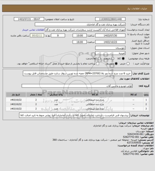 استعلام خرید 6 عدد چرخ دنده دور بالا (RPM=23700) جعبه دنده توربین سولار ساترن طبق مشخصاتن فایل پیوست