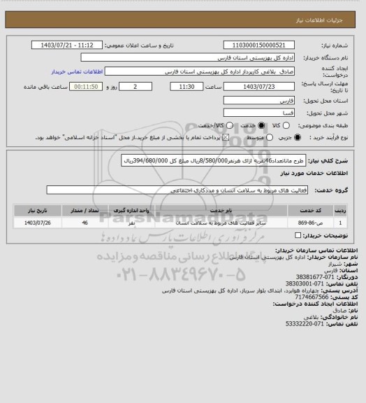 استعلام طرح ماناتعداد46نفربه ازای هرنفر8/580/000ریال مبلغ کل 394/680/000ریال