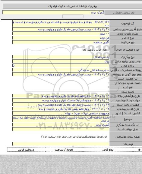 مناقصه, تجدید مناقصه تأمین و نصب لایسنس مرتبط با تجهیزات شبکه و امنیت مورد نیاز ستاد مرکزی