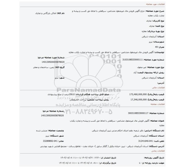 مزایده، آگهی فروش مال غیرمنقول مشاعی- سرقفلی با لحاظ حق کسب و پیشه و تجارت یکباب مغازه