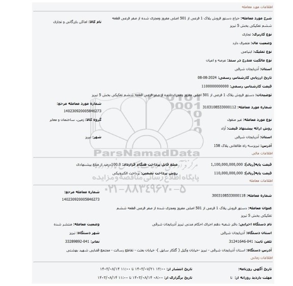 مزایده، دستور فروش پلاک 1 فرعی از 501 اصلی مفروز ومجزی شده از صفر فرعی قطعه ششم تفکیکی بخش 5 تبریز