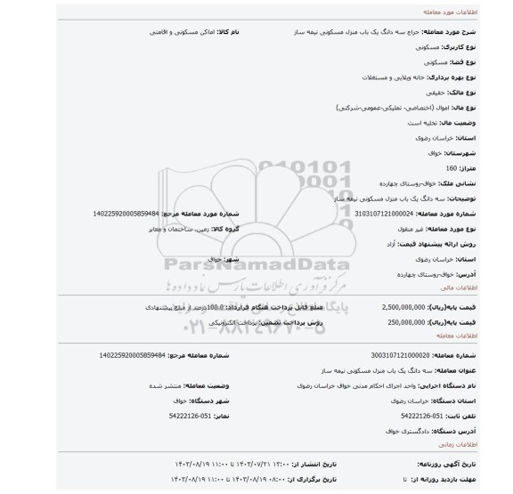 مزایده، سه دانگ یک باب منزل مسکونی نیمه ساز