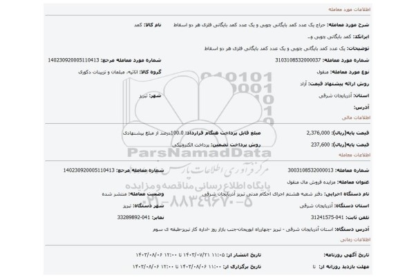 مزایده، یک عدد کمد بایگانی چوبی و یک عدد کمد بایگانی فلزی هر دو اسقاط