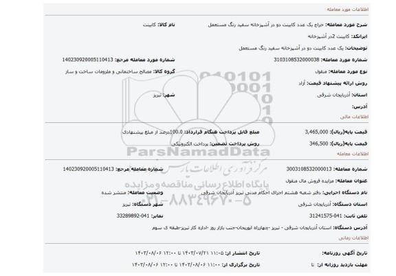 مزایده، یک عدد کابینت دو در آشپزخانه سفید رنگ مستعمل