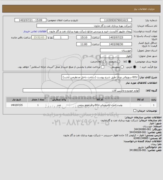 استعلام ECU سوزوکی ویتارا طبق شرح پیوست (ساخت داخل مدنظرمی باشد)