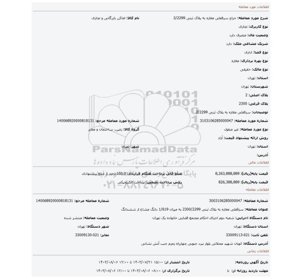 مزایده، سرقفلی مغازه به پلاک ثبتی 2/2299