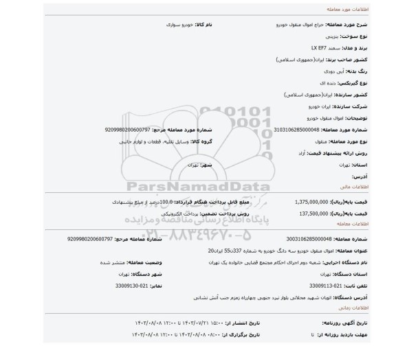 مزایده، اموال منقول خودرو