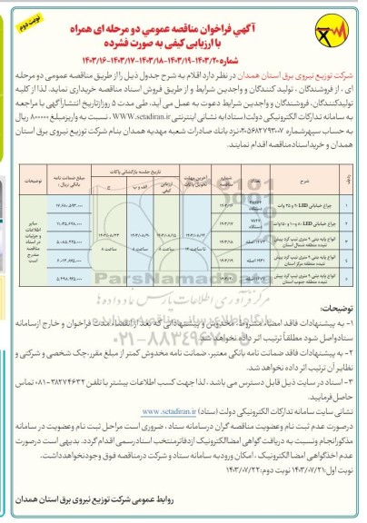 مناقصه چراغ خیابانی LED 20 و 25 وات ...- نوبت دوم 