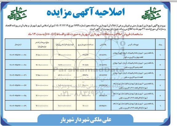 مزایده فروش برخی از املاک شهرداری شهریار اصلاحیه