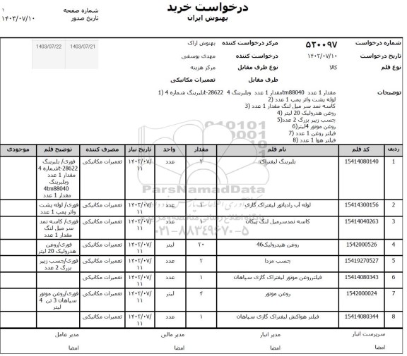 استعلام بلبرینگ لیفتراک و...